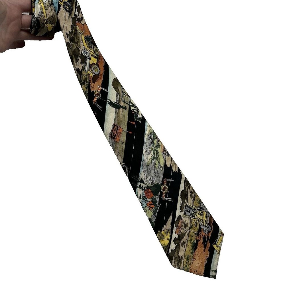Nicole Miller 1993 Vintage Silk Tie Road Construction Bulldozer Theme Novelty